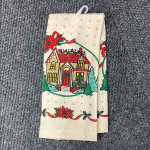 Vintage 1989 Christmas Kitchen Towel Holiday KMart Wreath Garland Poinsetta